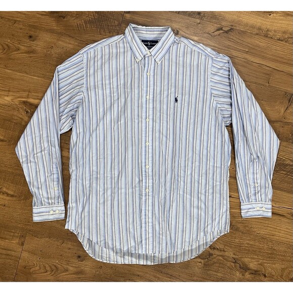 Ralph Lauren Shirt Mens Large 17, 36/37 Yarmouth Blue White Orange Vintage 80s - Picture 1 of 10